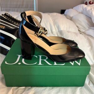 J. Crew Maisie Ankle Strap Black Patent  Leather Block Heel Pumps